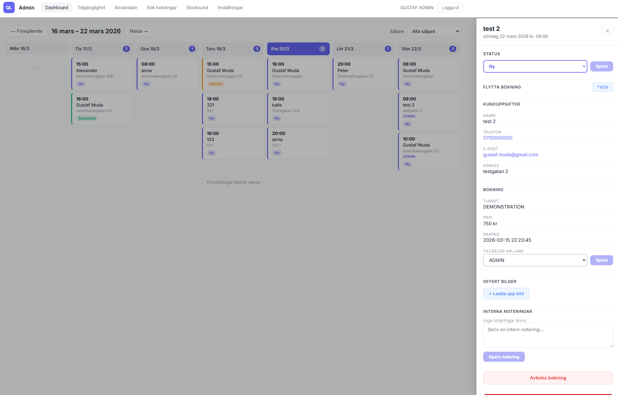 Dashboard med bokningsdetalj och kundinfo